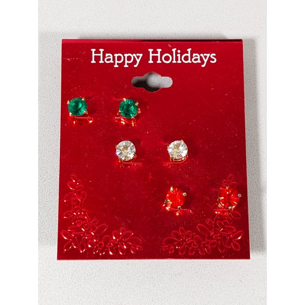 Set of 3 Holiday Christmas Red Green Clear Rhinestone Solitaire Pierced Earrings